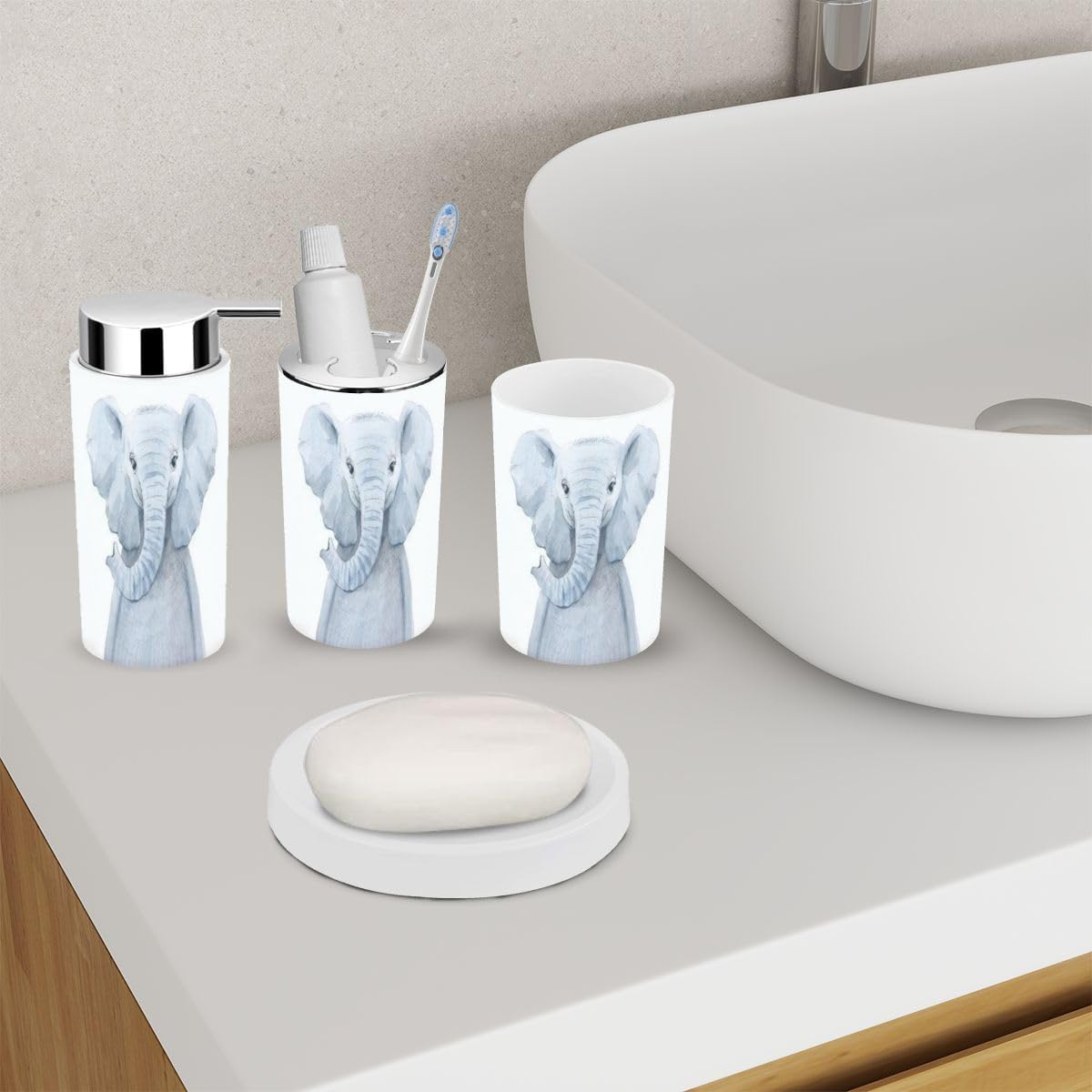 6 Piece Animal Bathroom Accessories Set with Baby Elephant Design
