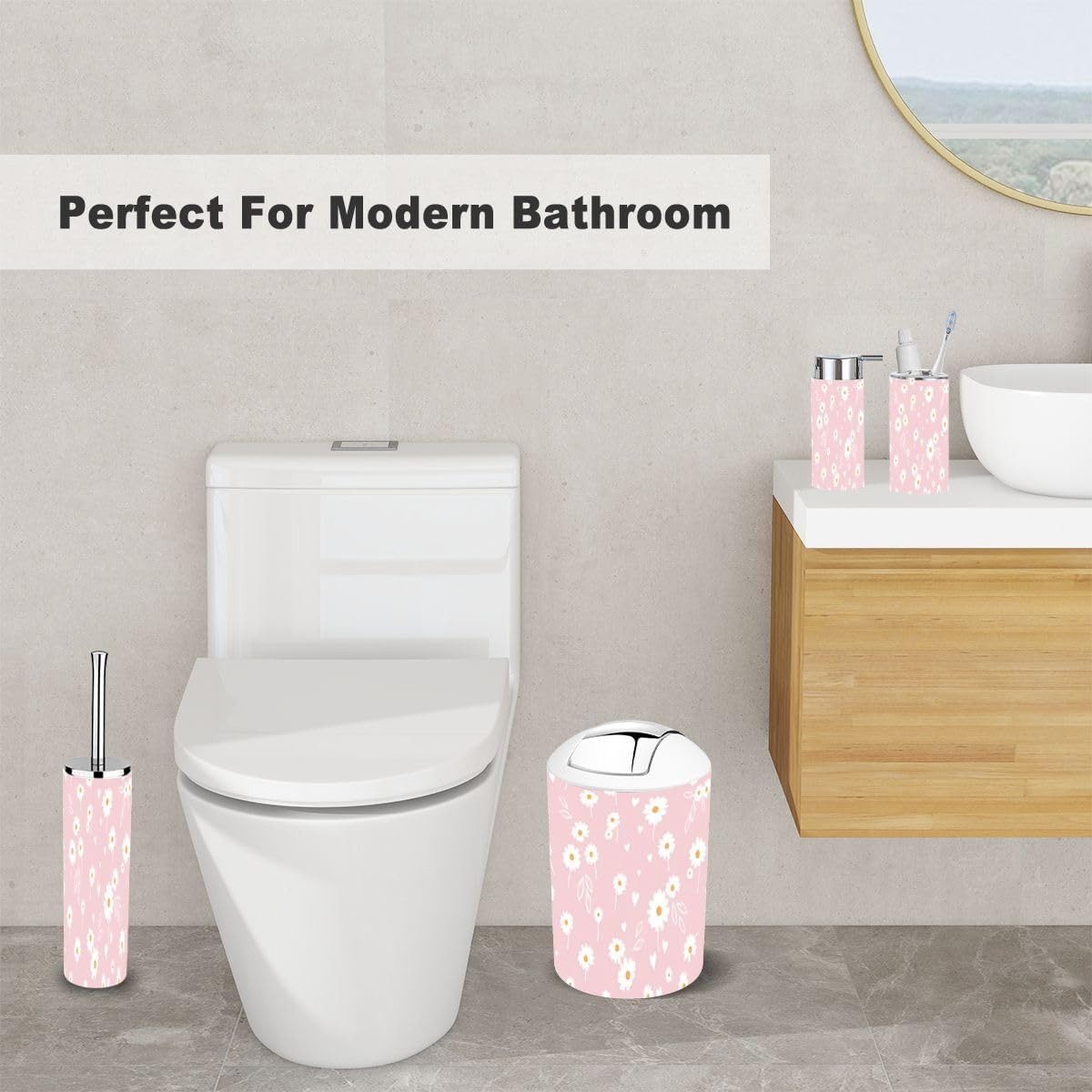 6 Piece Bathroom Accessory Set with Daisy Flower Heart Design