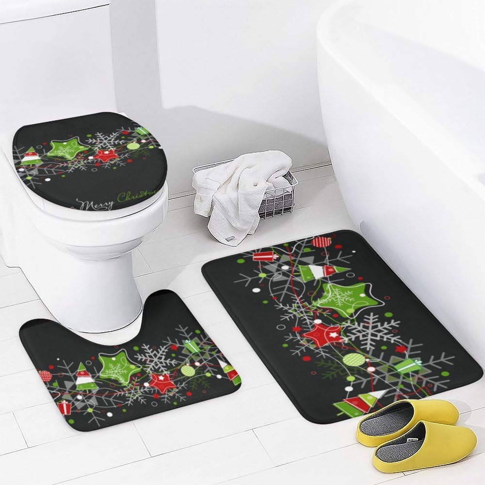 Kuizee 4-Piece Shower Curtain Set with Rugs Christmas Stars Snowflakes