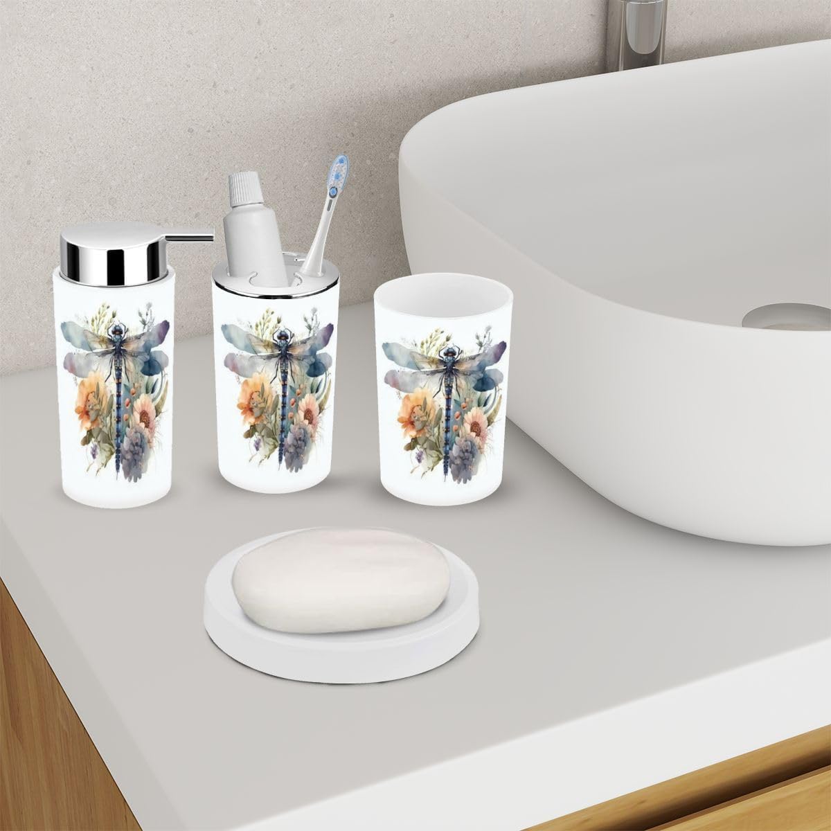 6 Piece Watercolor Dragonfly Bathroom Accessory Set