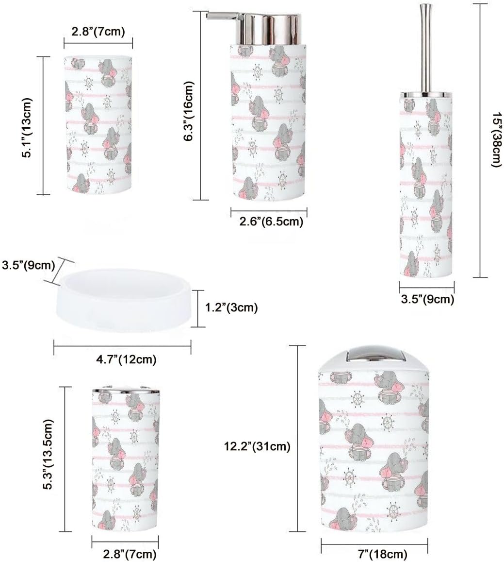 6 Piece Bathroom Accessory Set with Cute Sailor Elephants Design