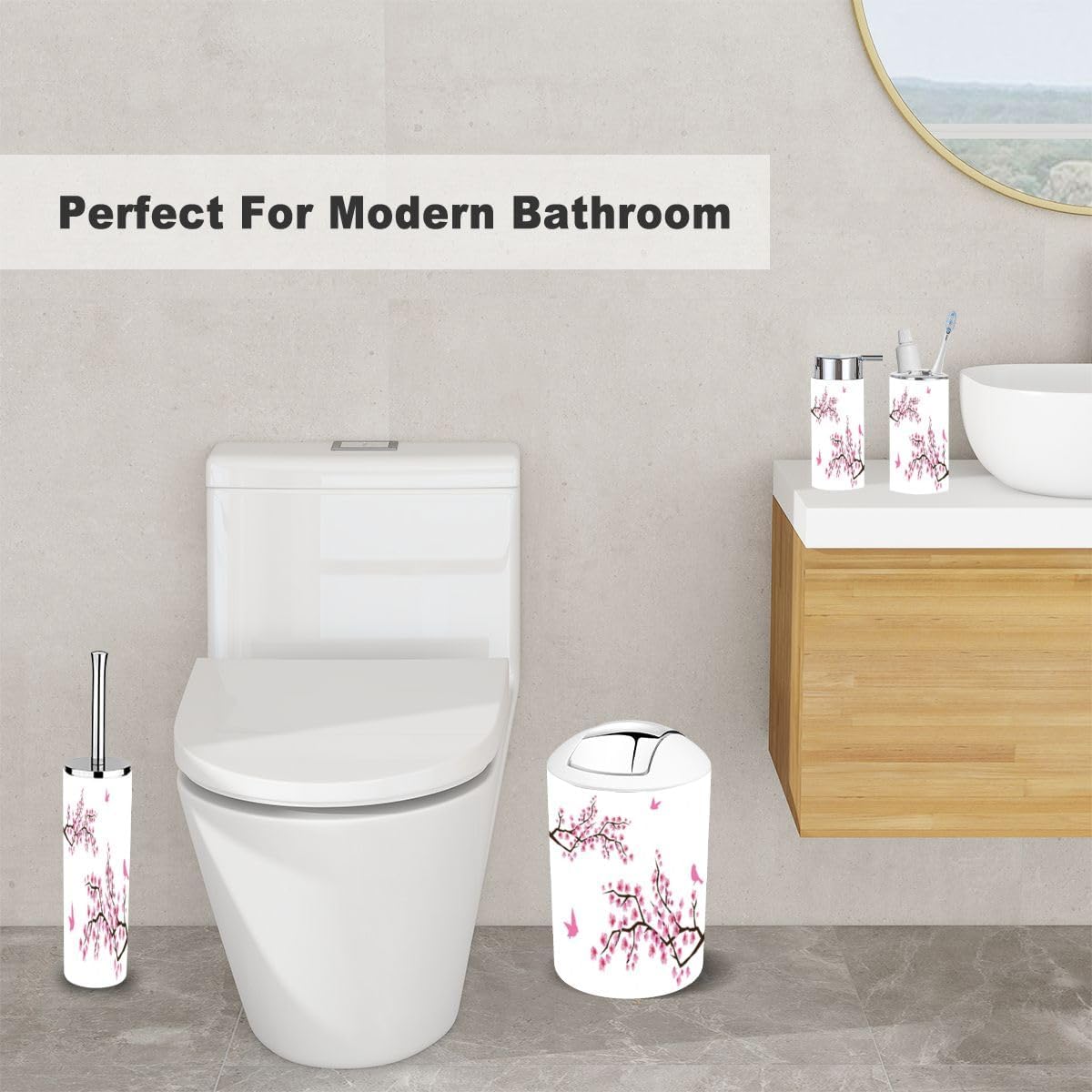 Cherry Blossom Birds Bathroom Accessories Set 6 Piece