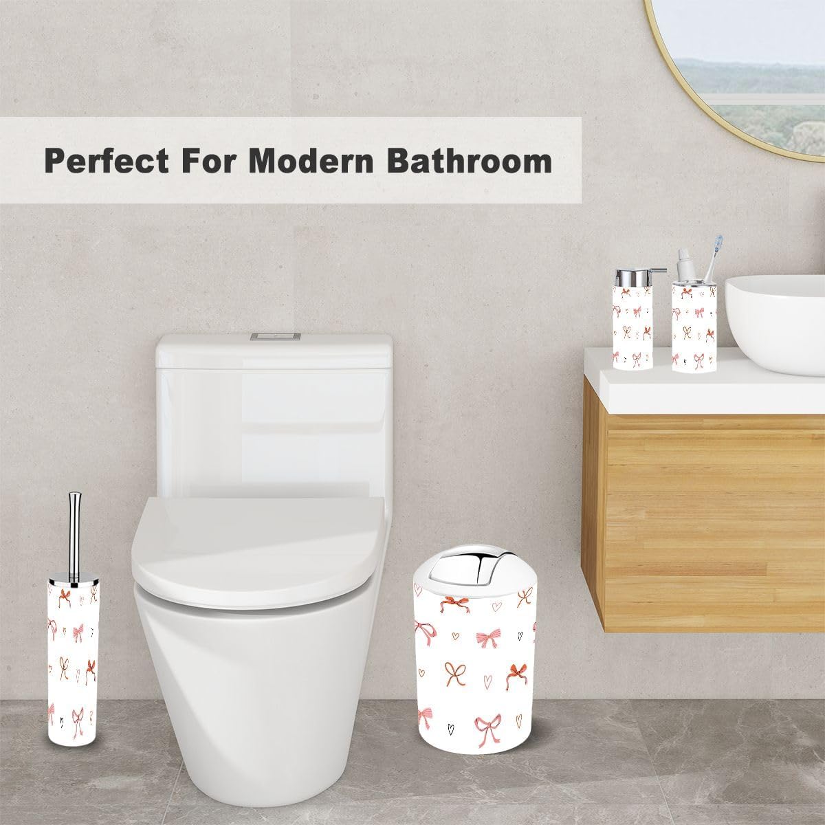 6 Piece Bathroom Accessory Set Pink Red Seamless Pattern 1
