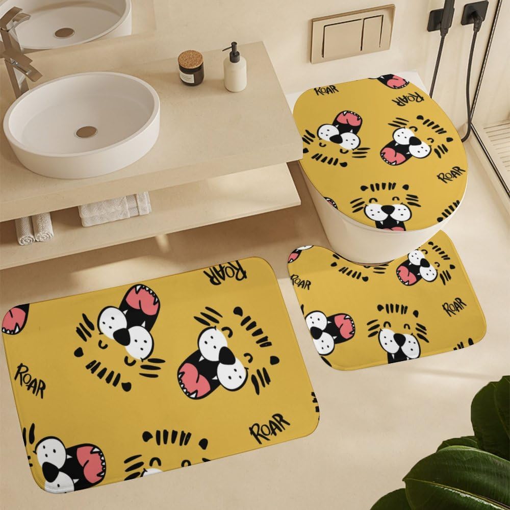Kuizee Cartoon Tiger Face Shower Curtain Set with 4 Piece Rugs