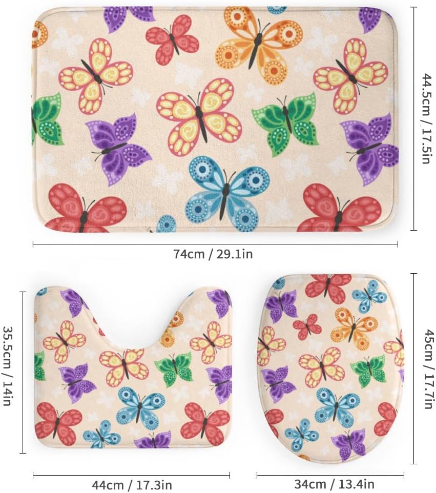 Kuizee 4-Piece Butterfly Shower Curtain Set with Non-Slip Bath Rugs