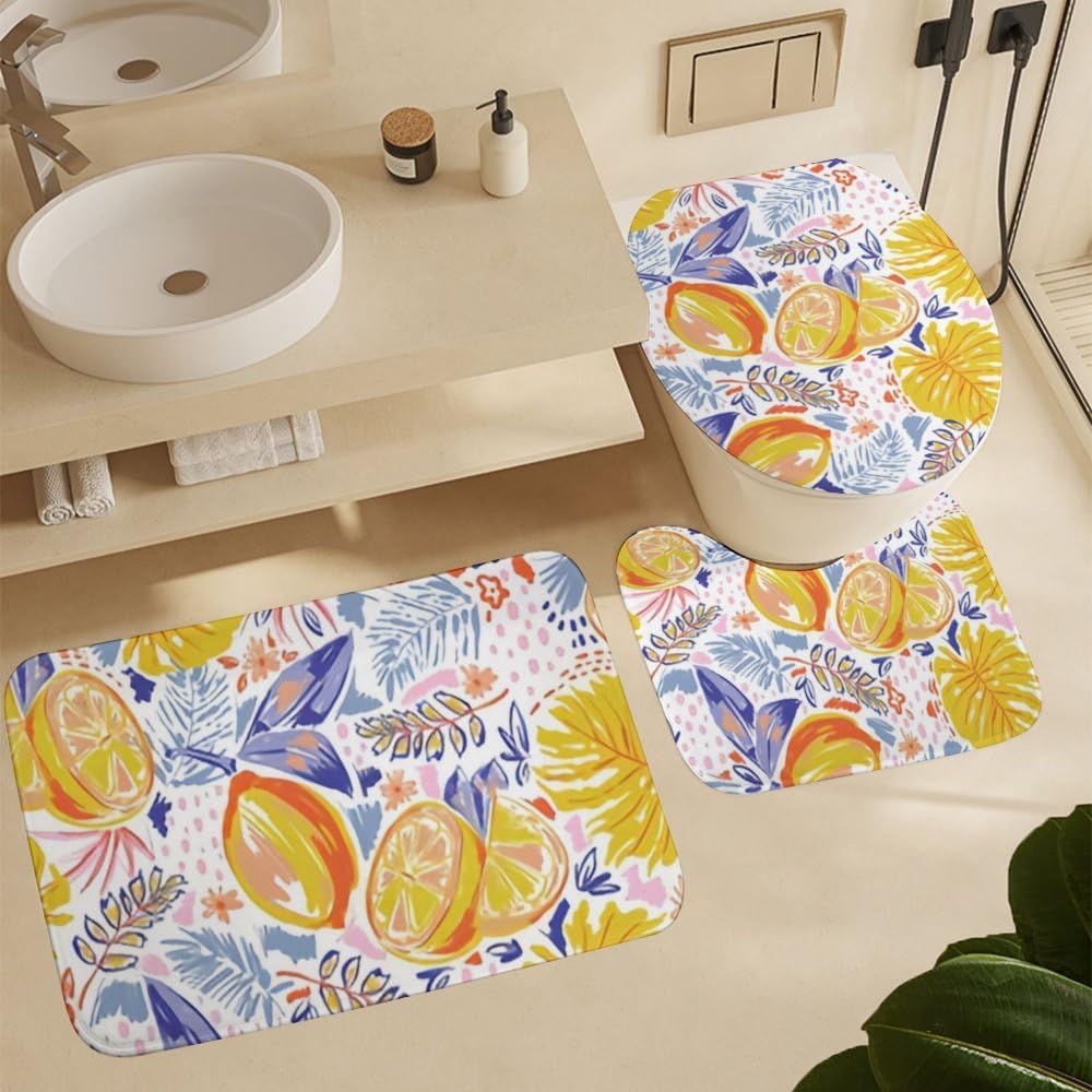 Kuizee 4-Piece Shower Curtain Set with Rugs - Summer Fruits Lemon Pattern