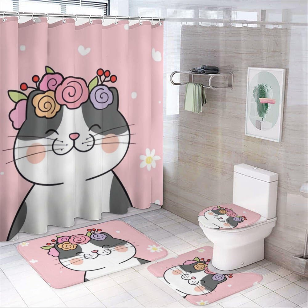 Kuizee 4-Piece Happy Cat Flower Shower Curtain Set with Rugs and Hooks