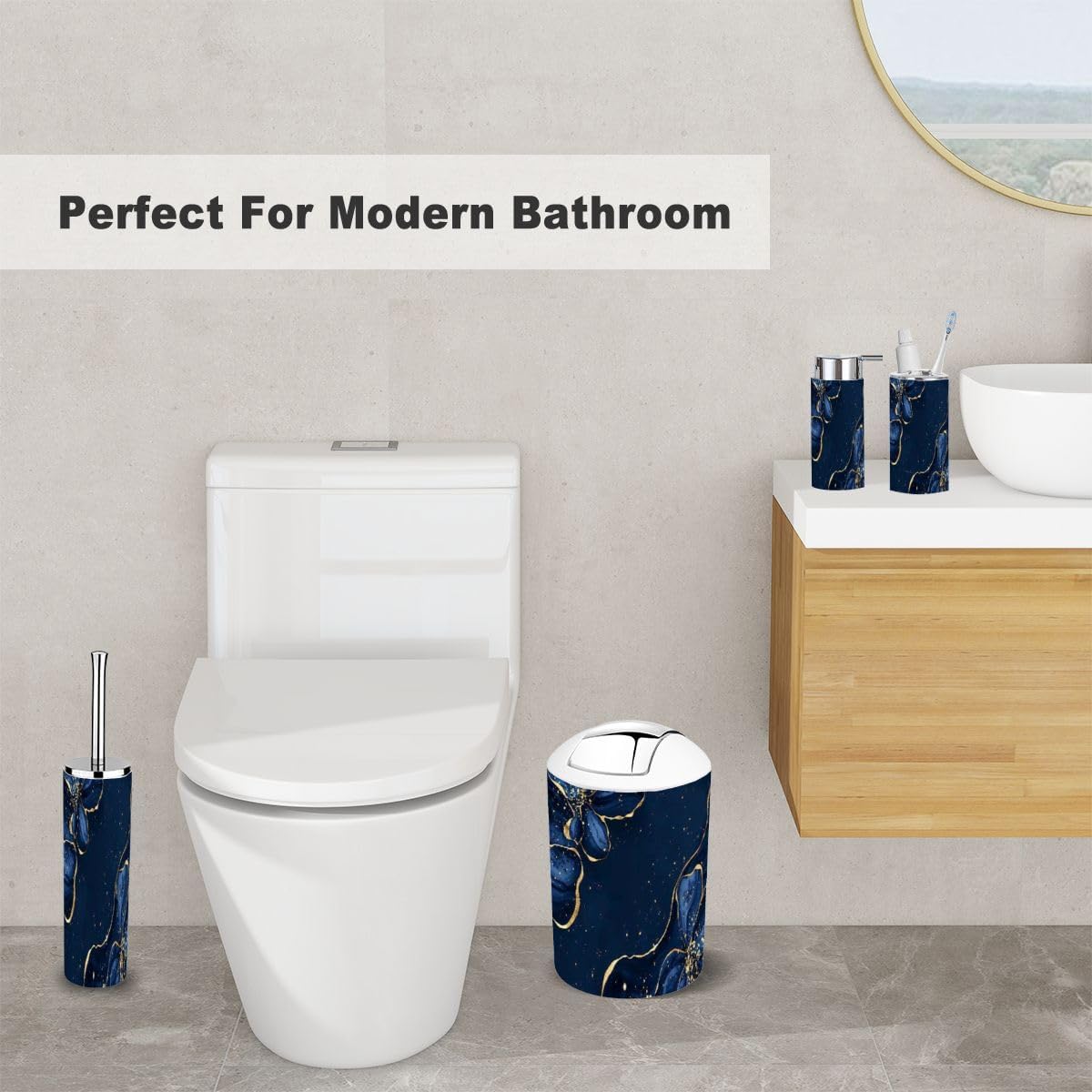 Navy Blue Marbled Bathroom Accessory Set 6 Piece