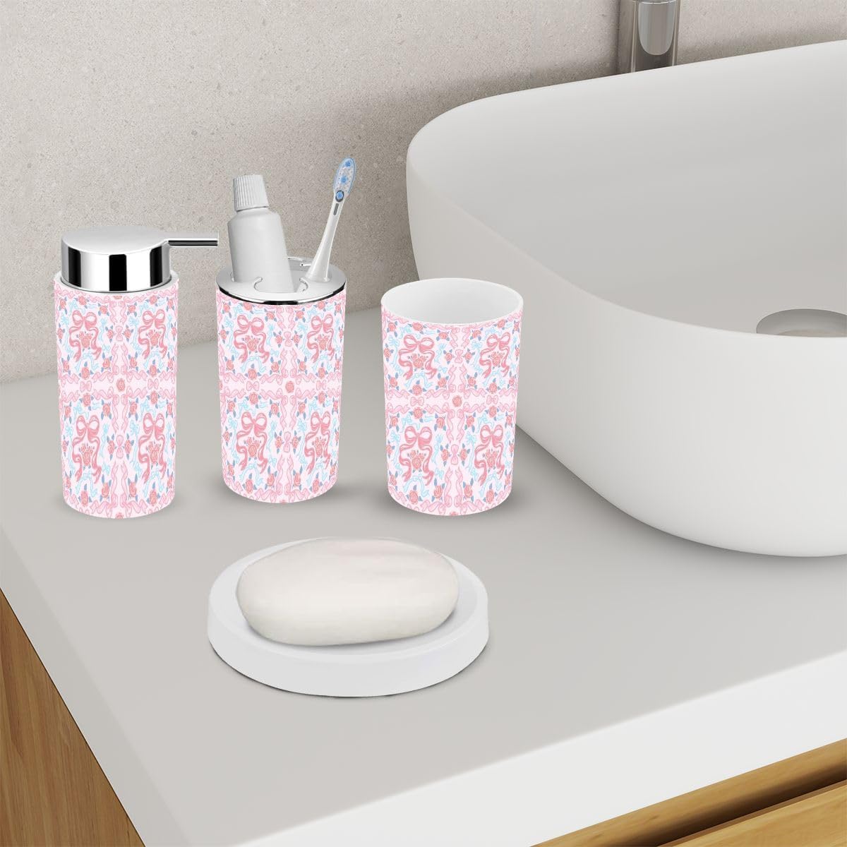 6 Piece Bathroom Accessory Set with Rose Ribbons 1