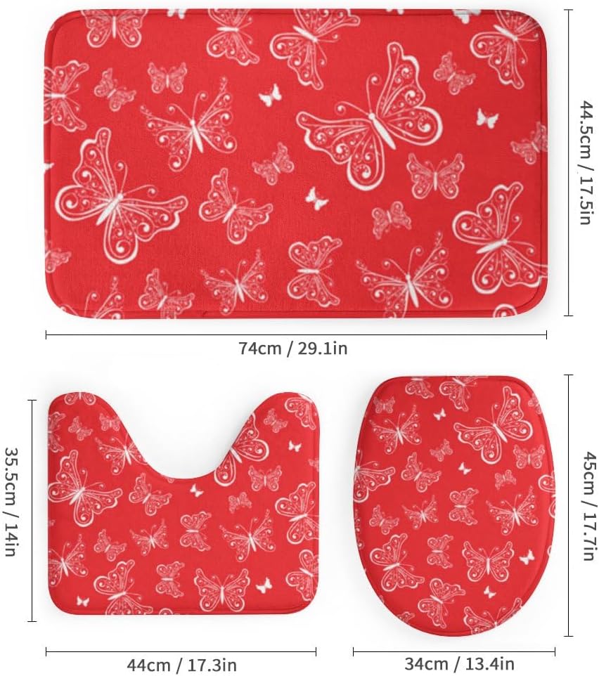 Kuizee 4 Piece Red Butterfly Shower Curtain Set with Non-Slip Rugs