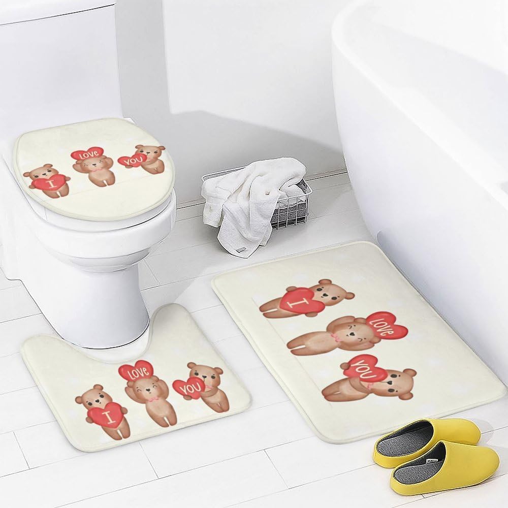 Kuizee 4-Piece Shower Curtain Set with Brown Teddy Bear Rugs