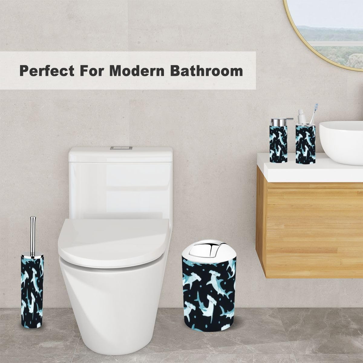 6 Piece Bathroom Accessory Set with Shark Pattern