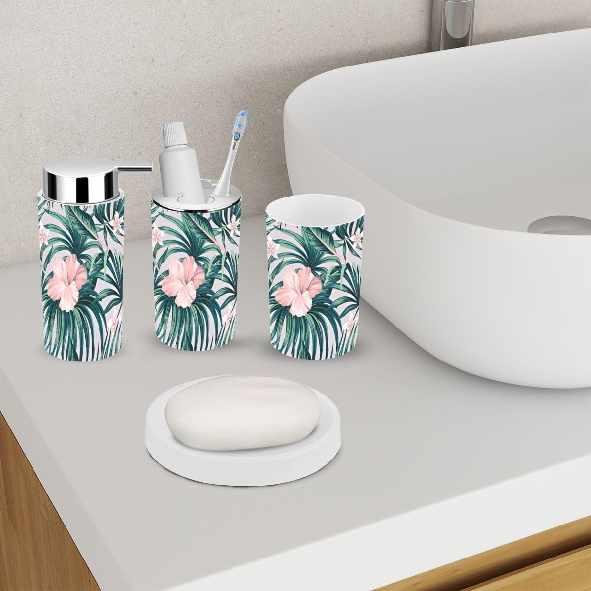 Tropical Pink Hibiscus Bathroom Accessories 6 Piece Set