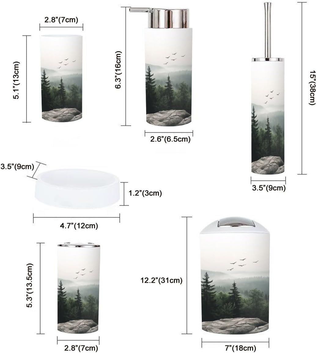 6 Piece Mountain Foggy Forest Bathroom Accessory Set