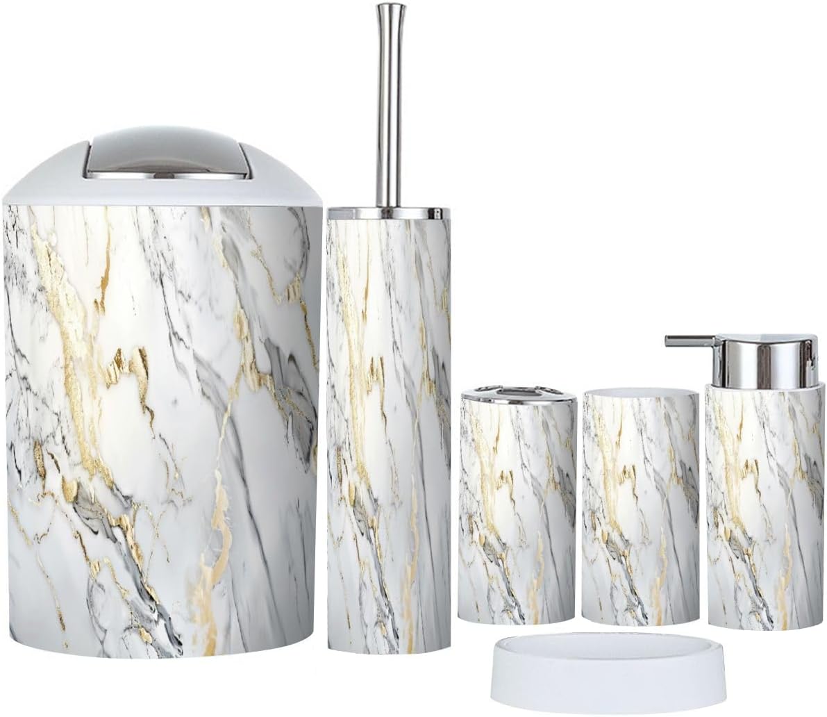 Boho Bathroom Accessory Set 6 Piece Gold White