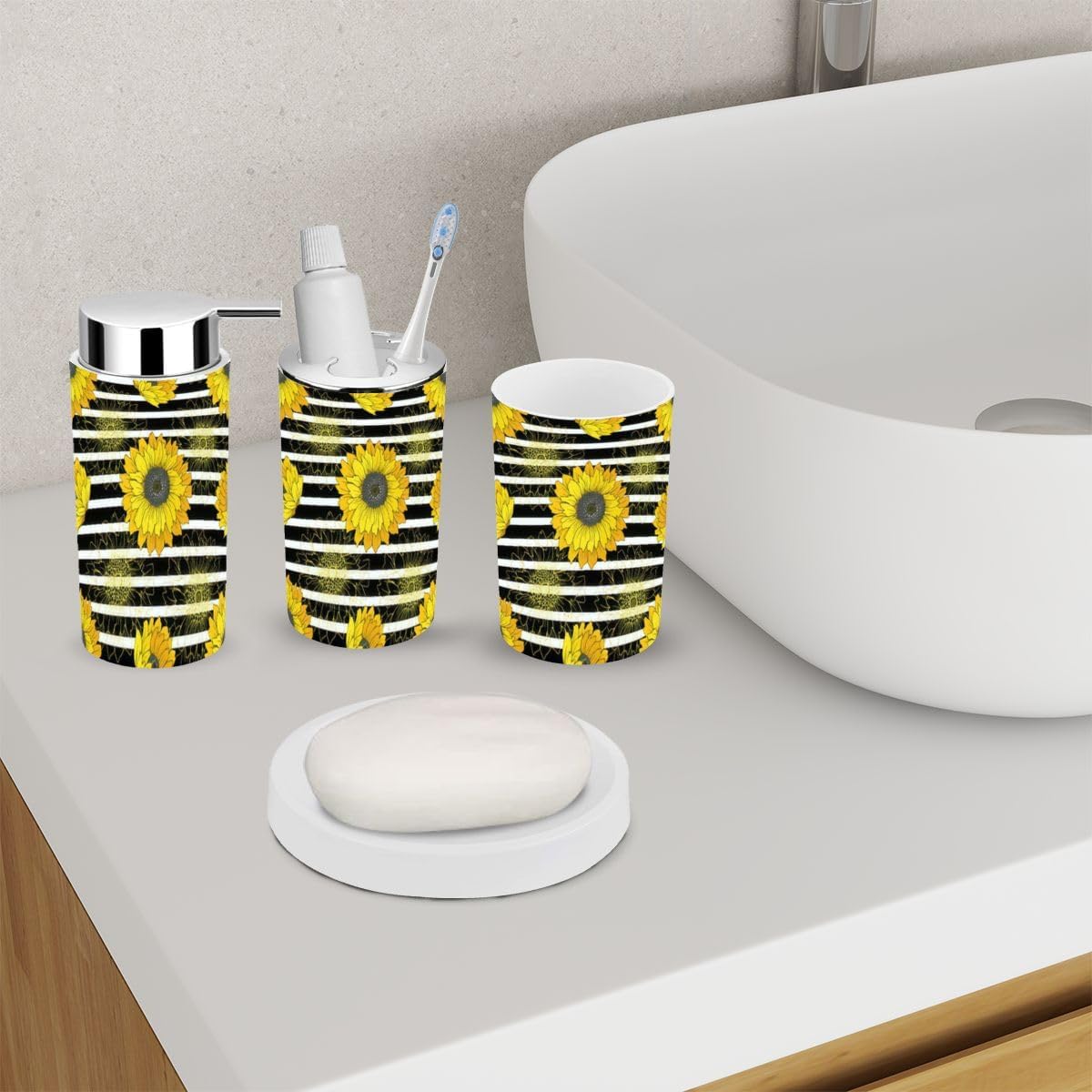 Bathroom Accessory Set 6 Piece Rustic Decor Sunflowers Holder