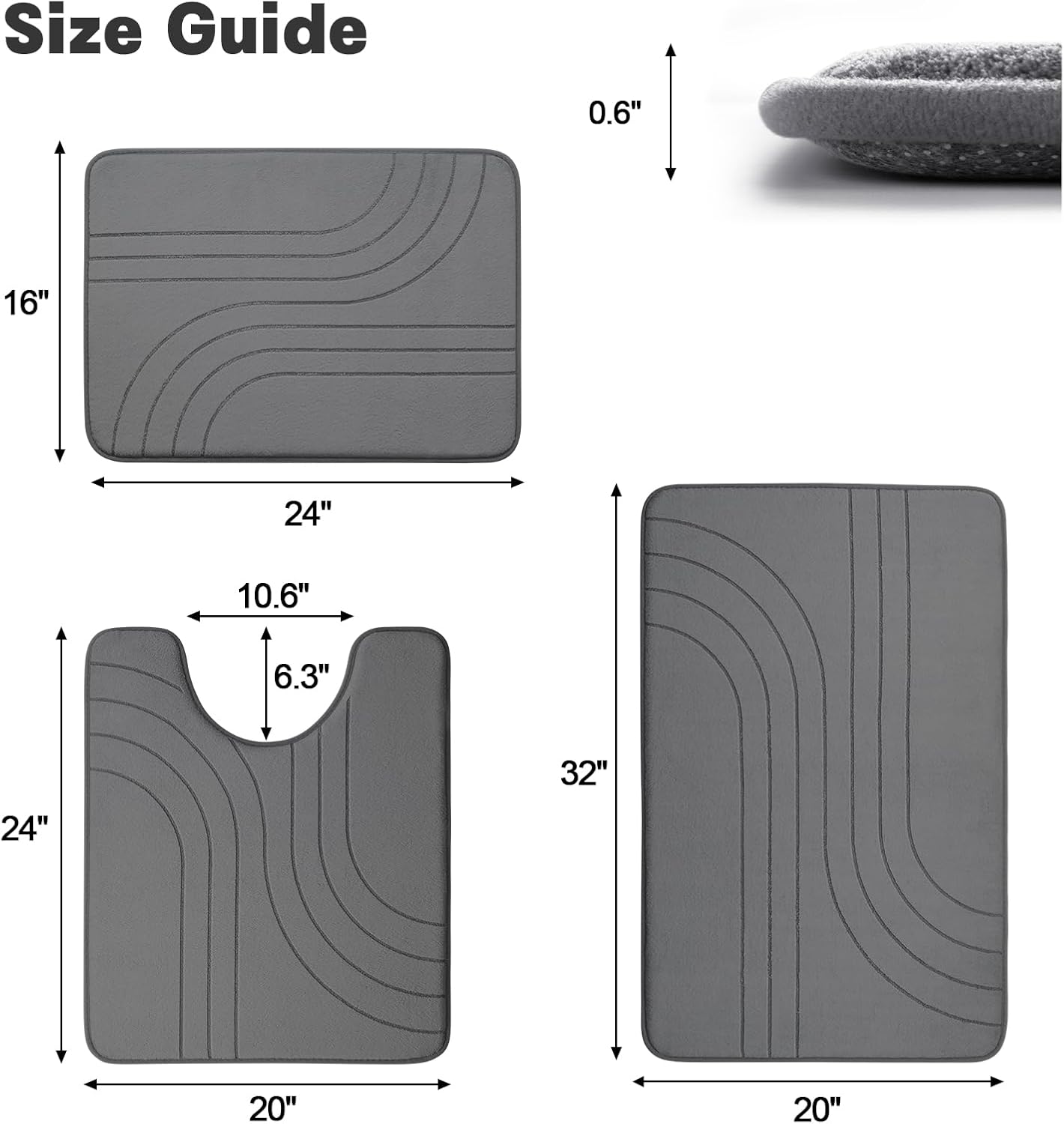 YIHOUSE 3 Piece Bath Mat Set Dark Grey