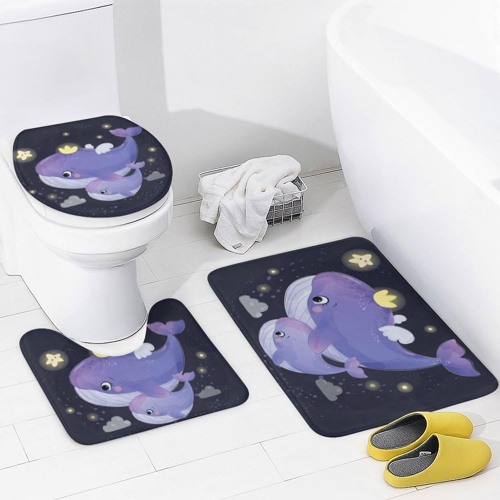 Kuizee 4-Piece Whale Motherhood Shower Curtain Set with Non-Slip Rugs