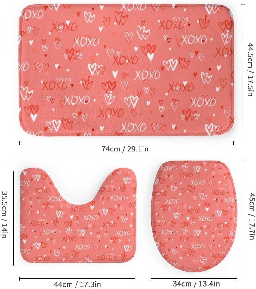 Kuizee 4-Piece Shower Curtain Set with Rugs Hearts Design