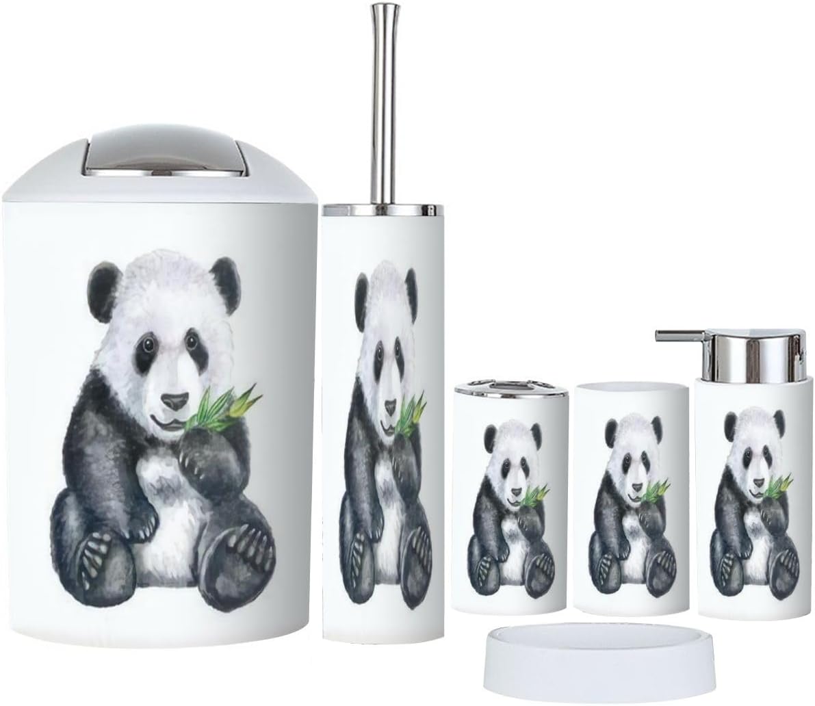Cute Panda Bamboo Bathroom Accessory Set 6 Piece