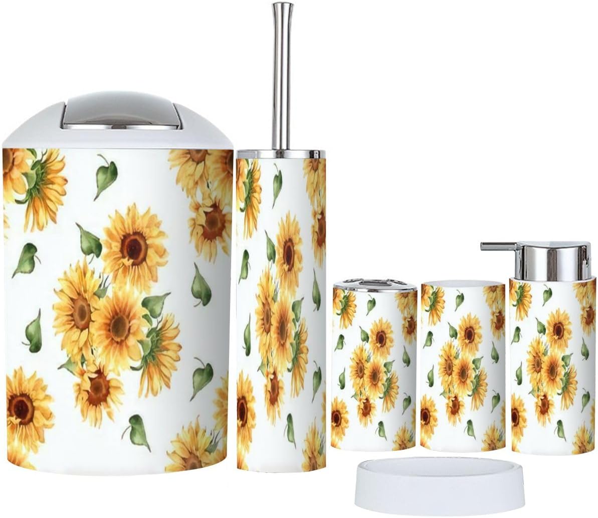 6 Piece Bathroom Decor Set with Sunflower Yellow Design