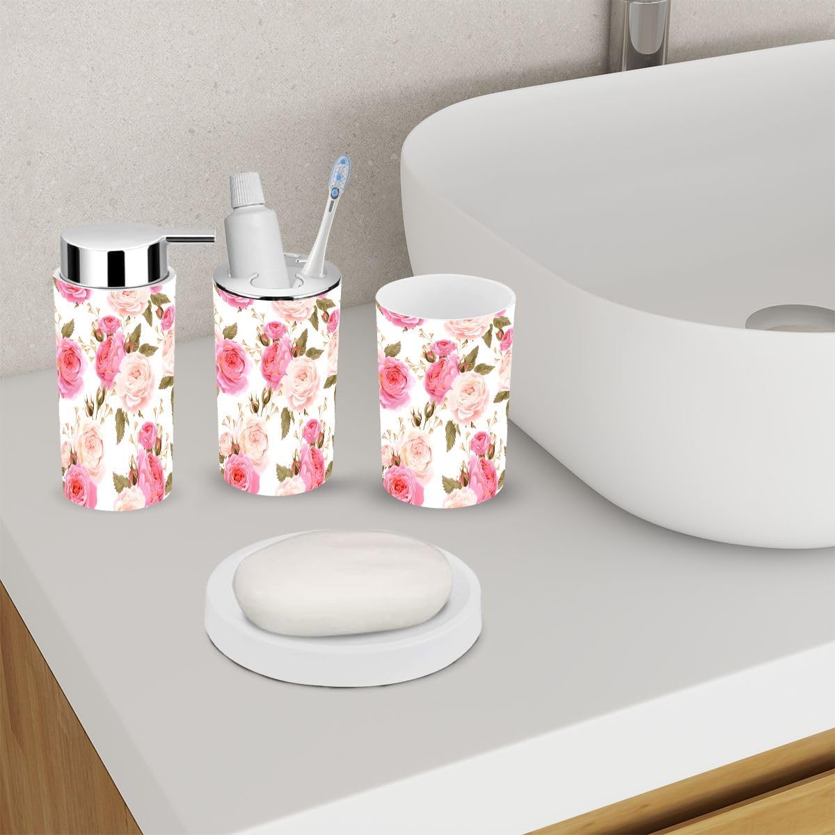 6 Piece Bathroom Accessory Set with English Roses Design 1