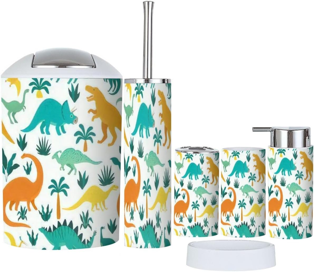 Bathroom Accessory Set 6 Piece Hand Drawn Dinosaur Design