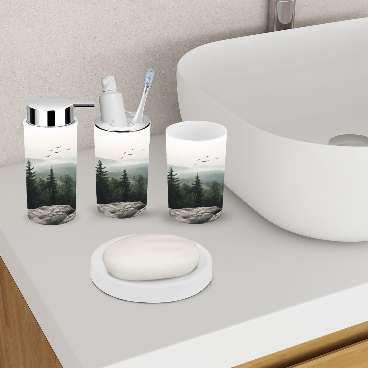 6 Piece Mountain Foggy Forest Bathroom Accessory Set