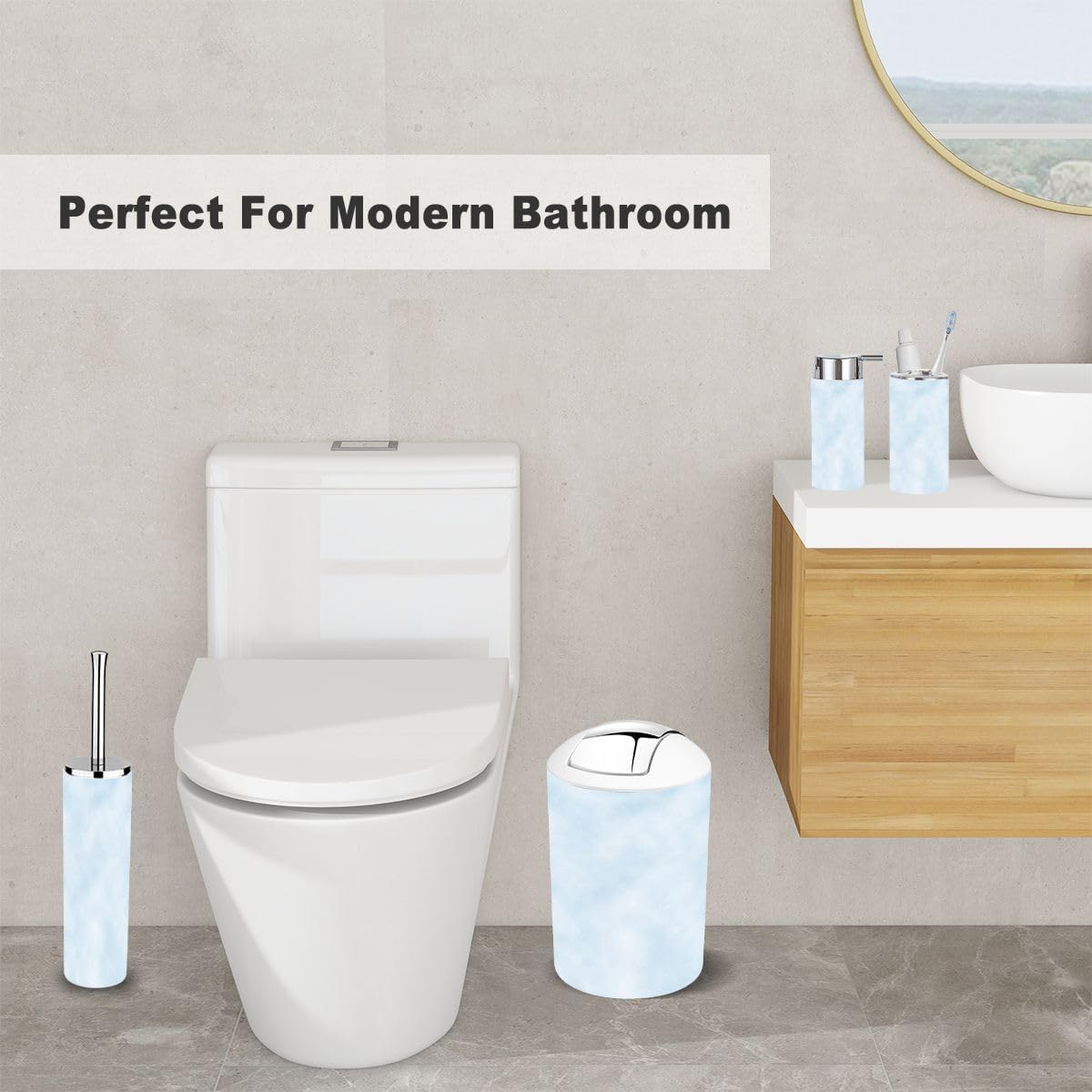 6 Piece Bathroom Accessory Set - Baby Blue Sky Clouds Design
