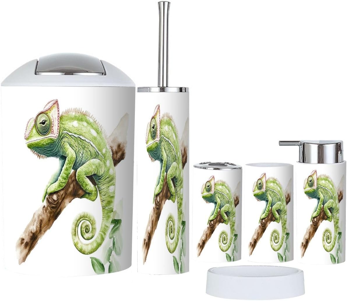 Boho Green Chameleon Animal Bathroom Accessory Set of 6