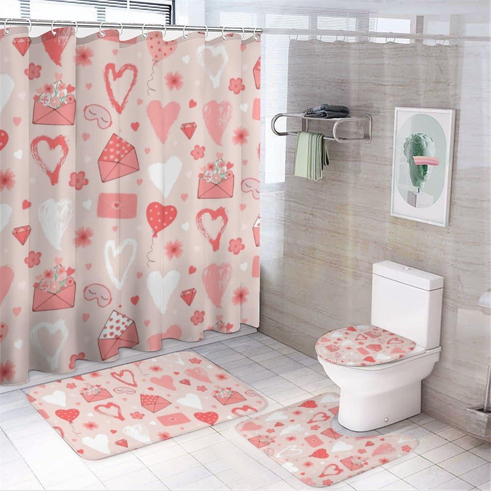 Kuizee 4-Piece Shower Curtain Set with Heart Design 1