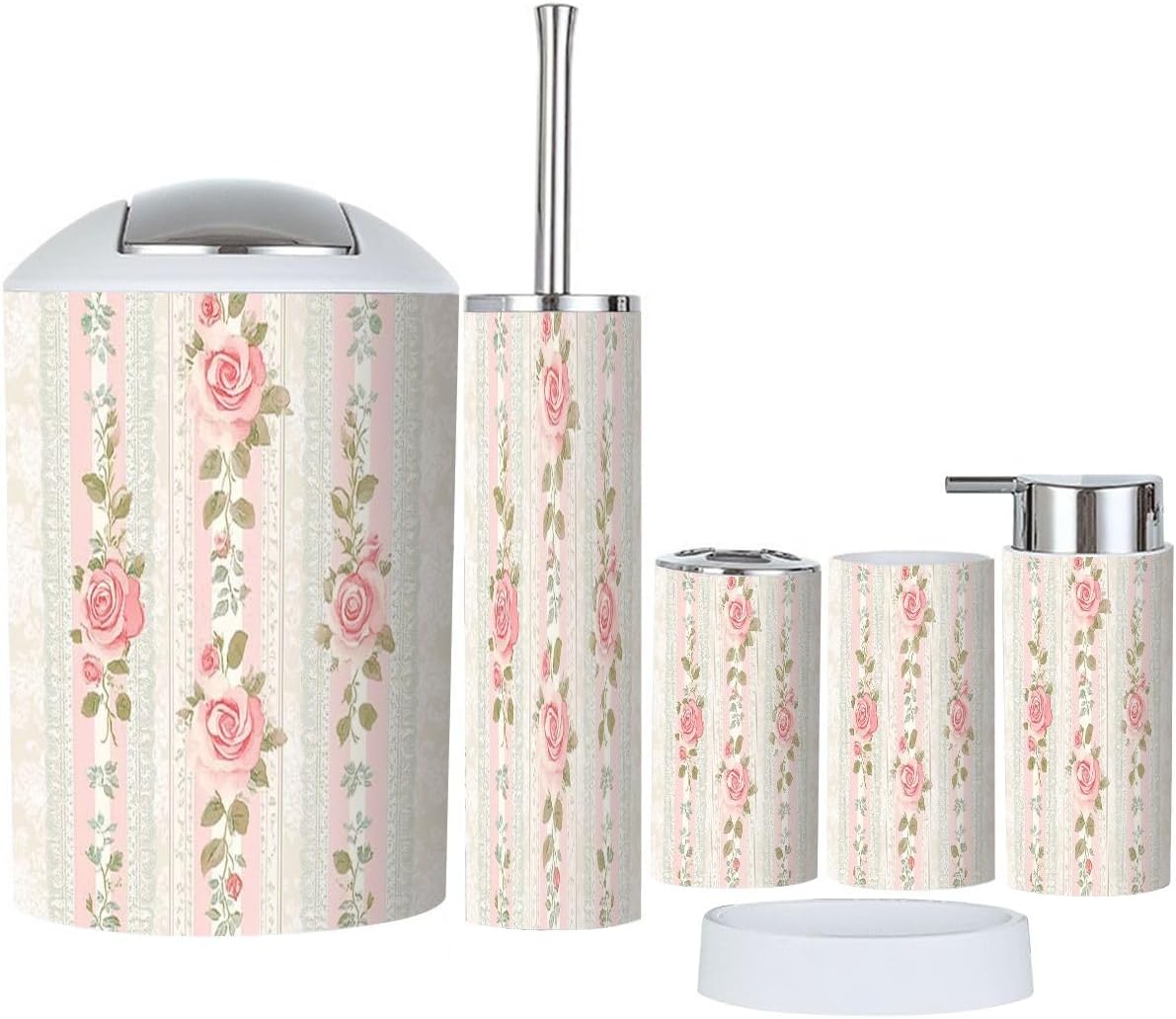 Boho Floral Striped Bathroom Accessory Set 6 Piece 1
