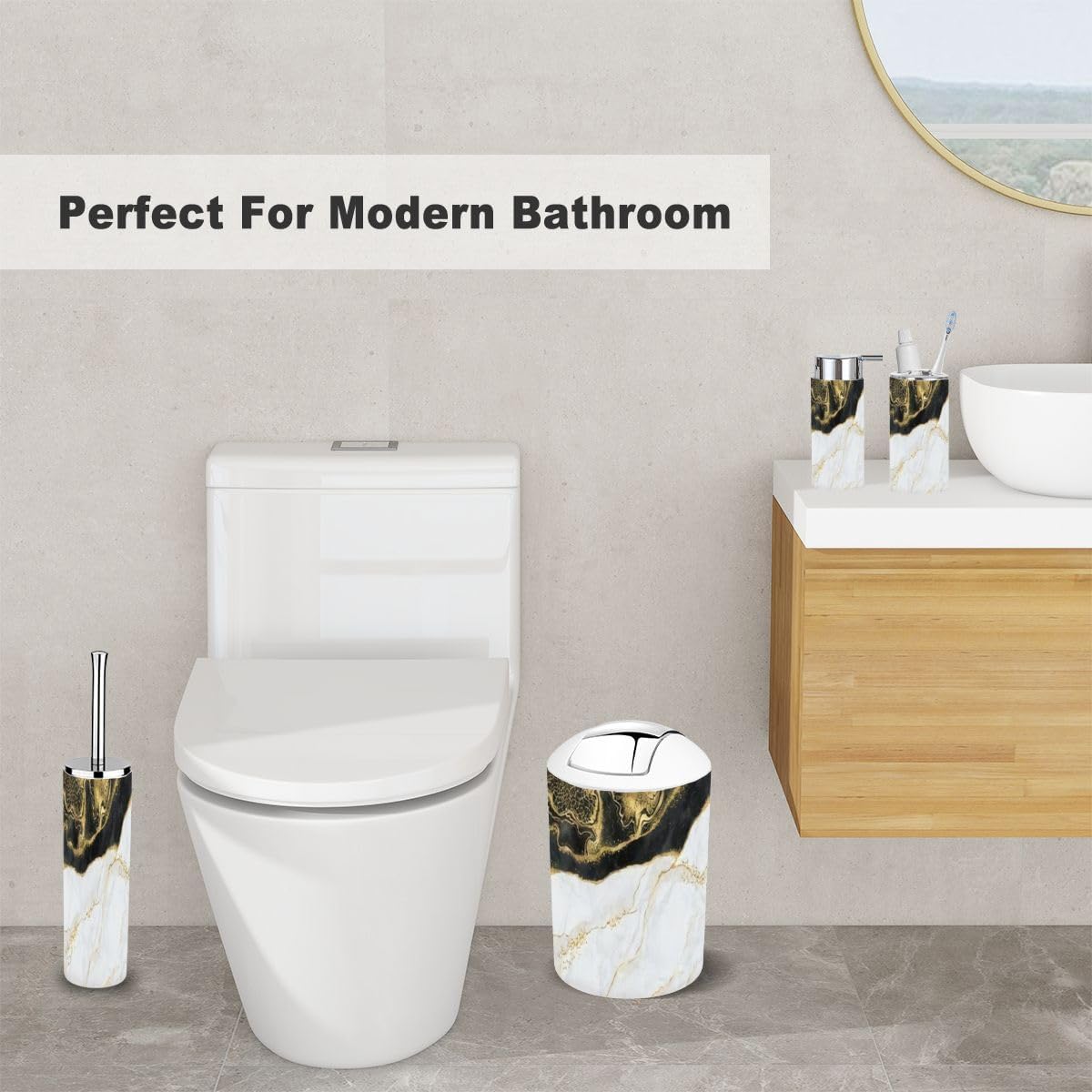Modern 6-Piece Bathroom Accessory Set with Marble Design