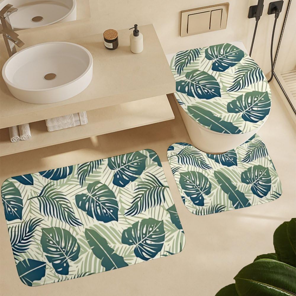 Kuizee 4-Piece Tropical Green Leaf Shower Curtain Set with Non-Slip Rugs