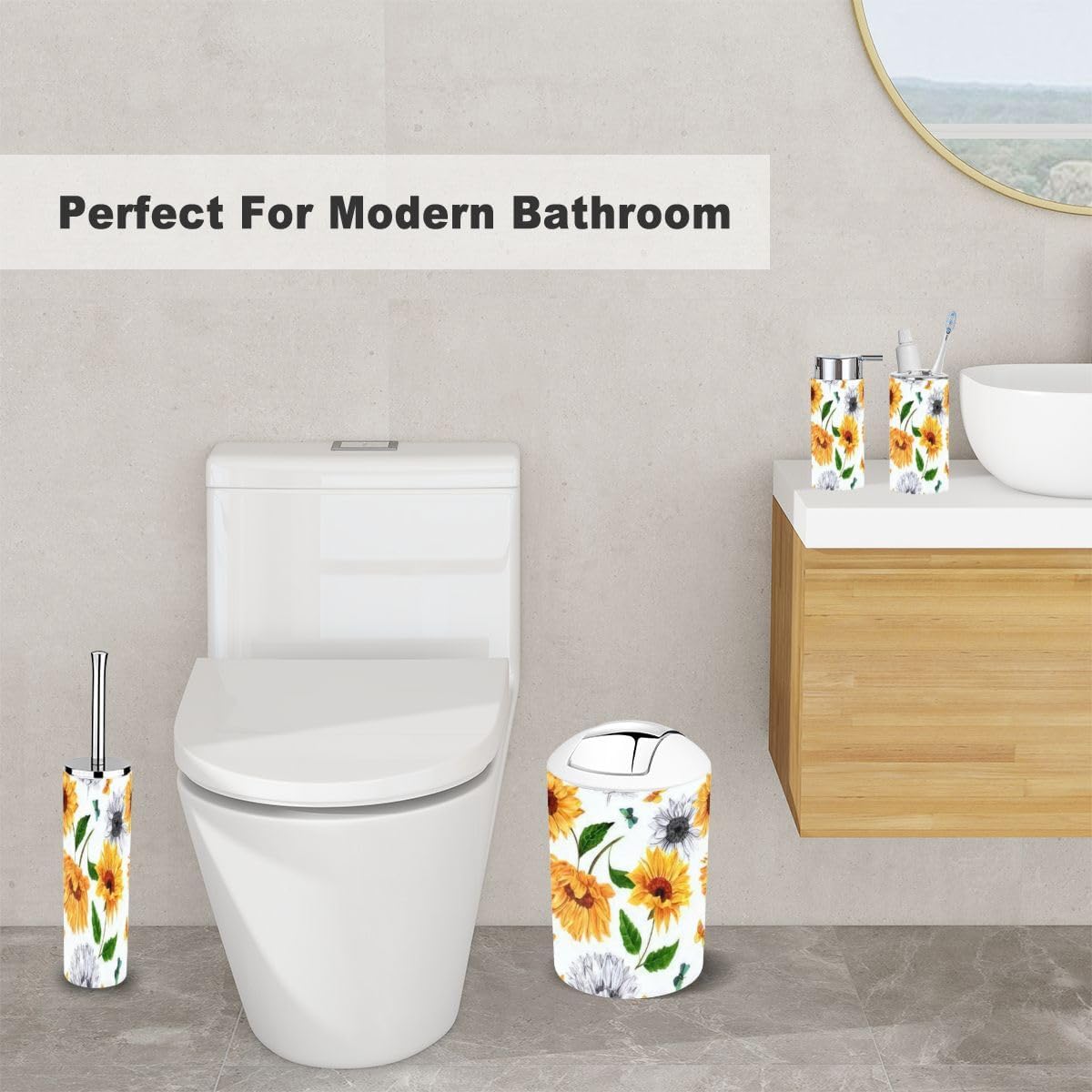 6 Piece Bathroom Accessory Set with Sunflowers and Butterflies Design