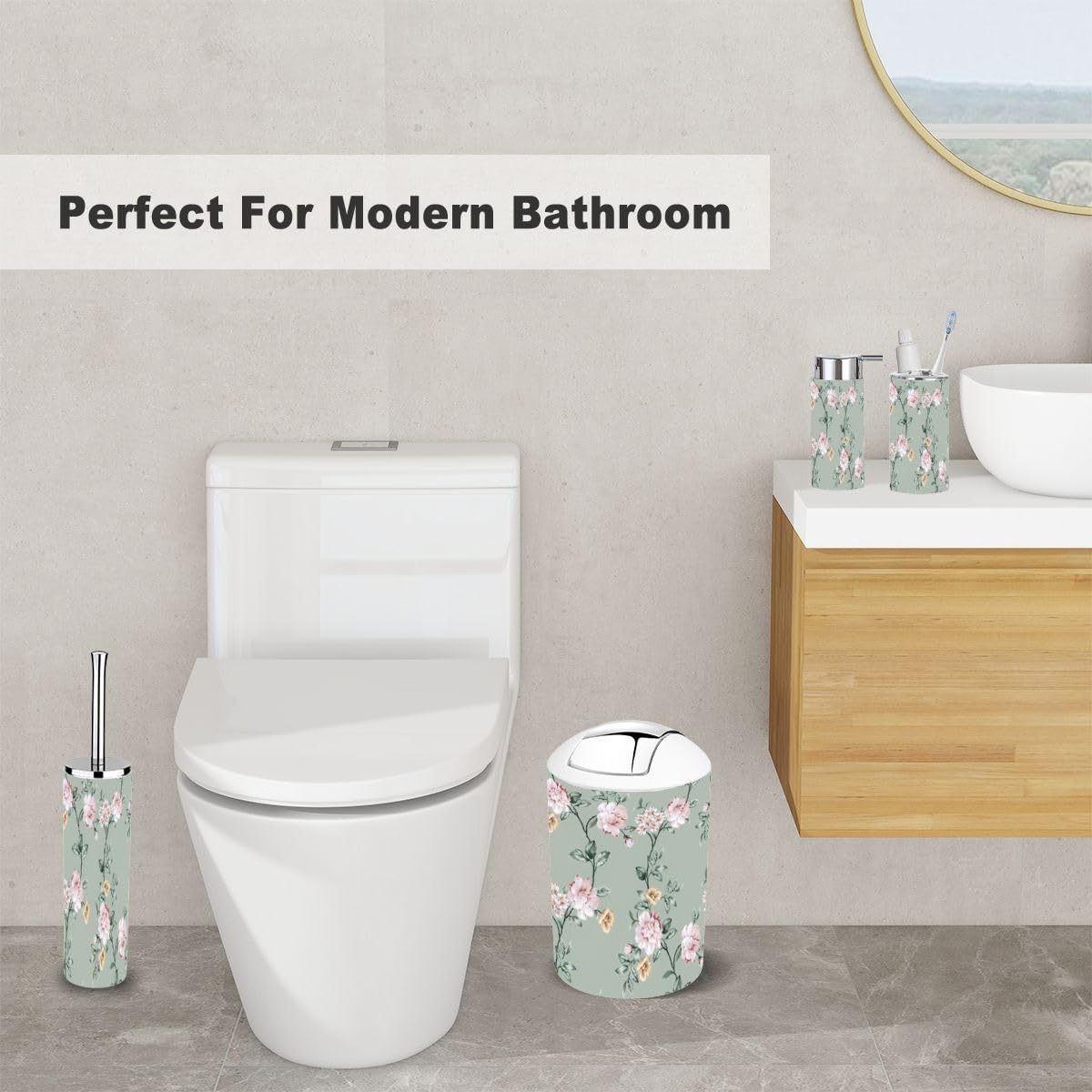 6 Piece Bathroom Accessory Set Pink Brown Flowers Green Leaves