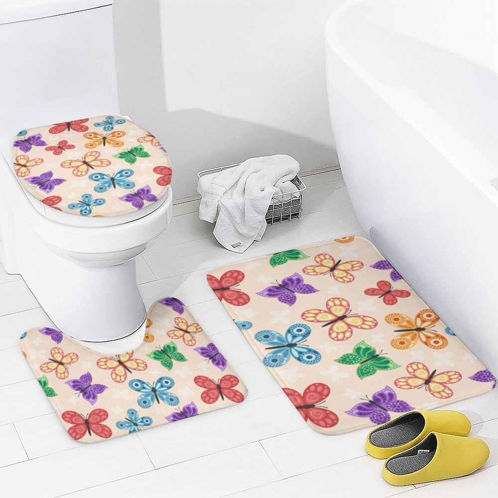 Kuizee 4-Piece Butterfly Shower Curtain Set with Non-Slip Bath Rugs