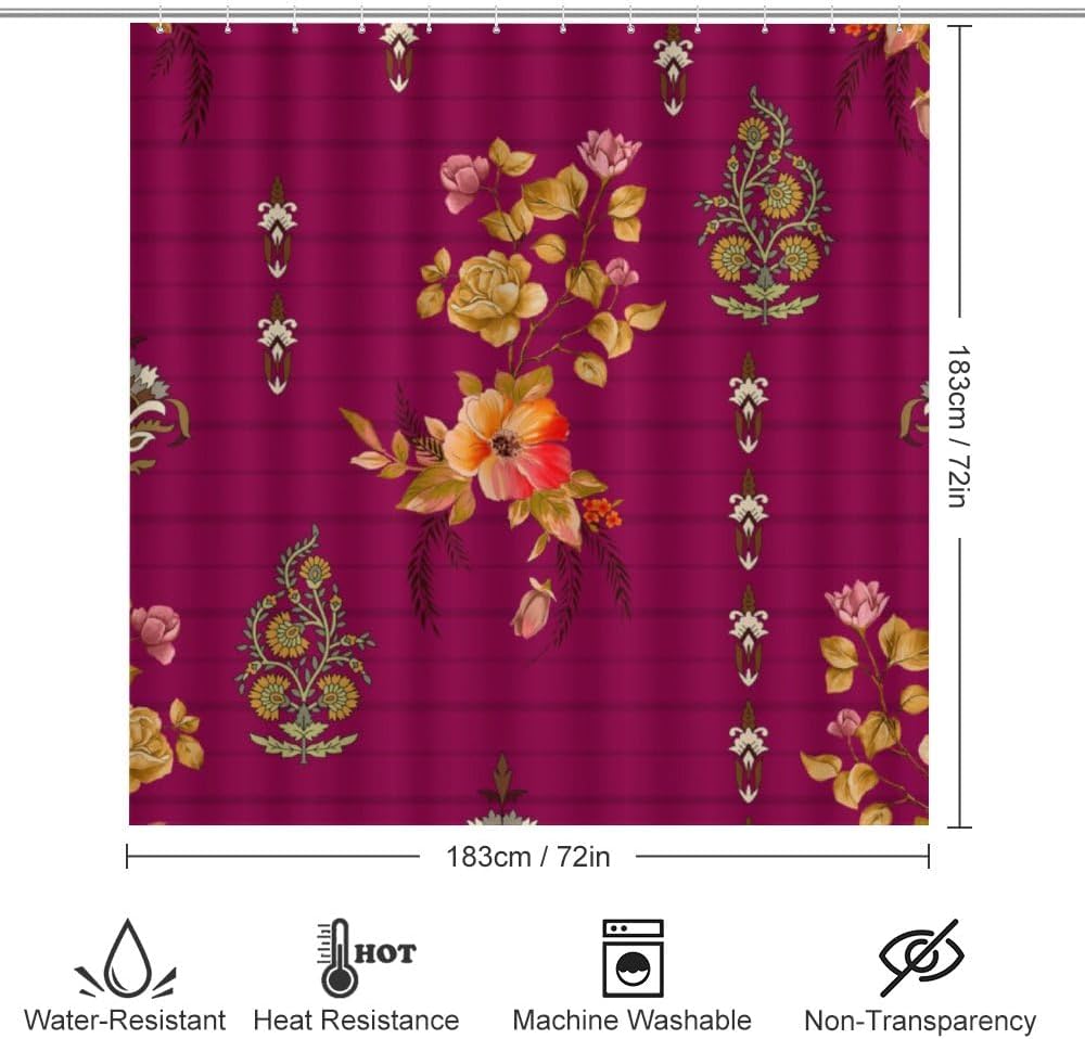 Kuizee 4 Piece Luxury Floral Shower Curtain Set with Non-Slip Rugs