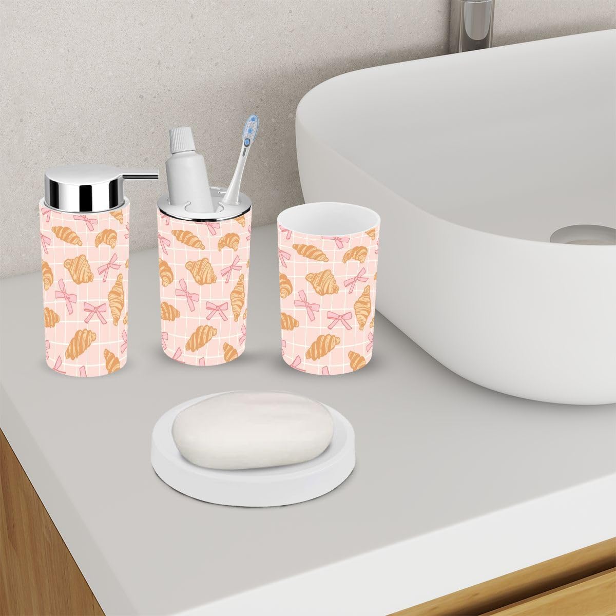 6 Piece Bathroom Accessory Set with Pink Bow and Croissant Design
