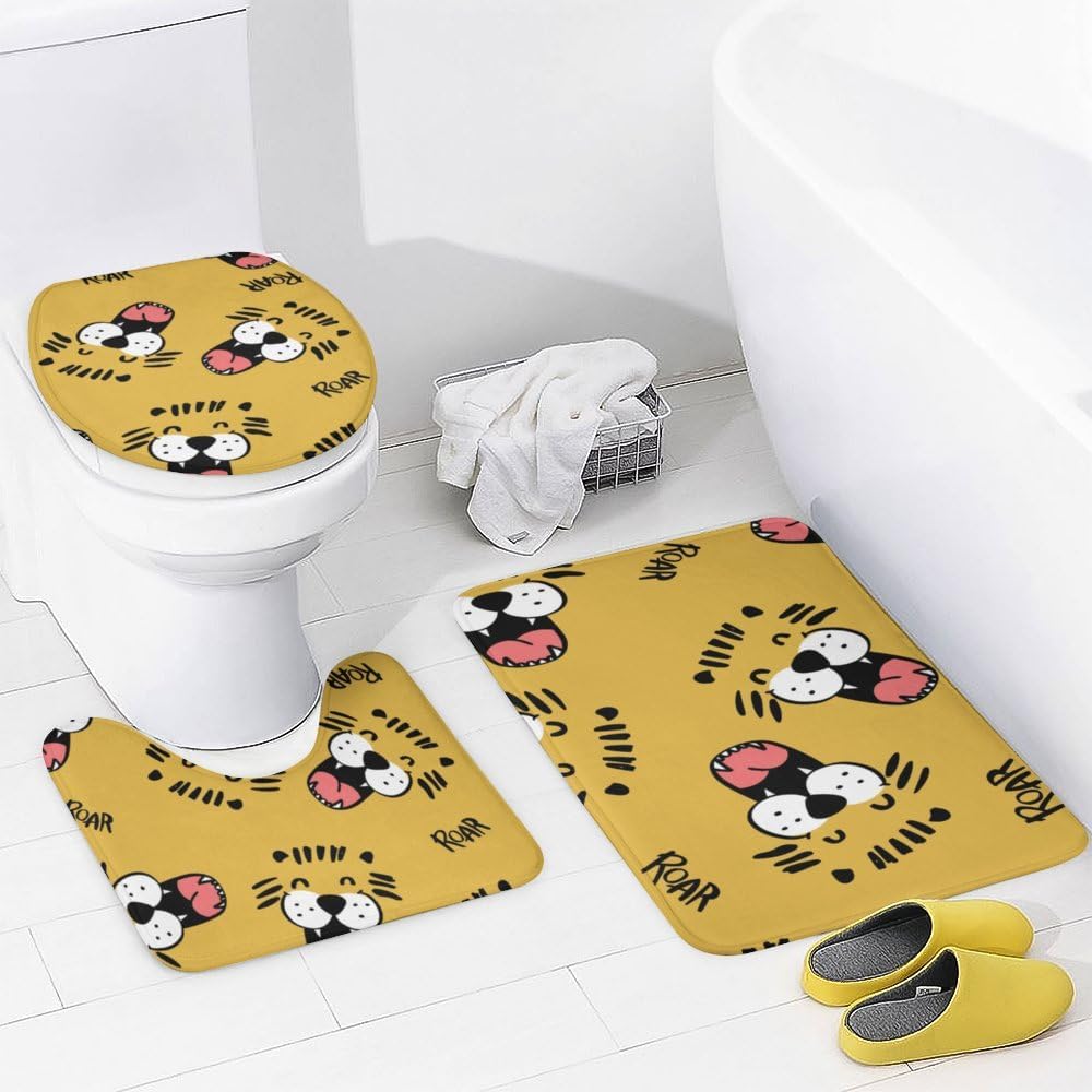 Kuizee Cartoon Tiger Face Shower Curtain Set with 4 Piece Rugs