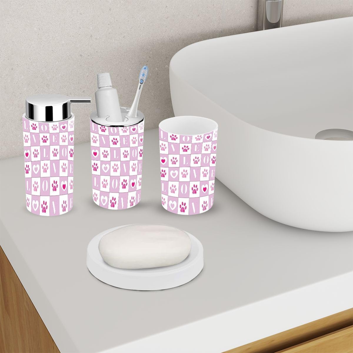 Cute Plaid Heart Bathroom Accessory Set 6 Piece