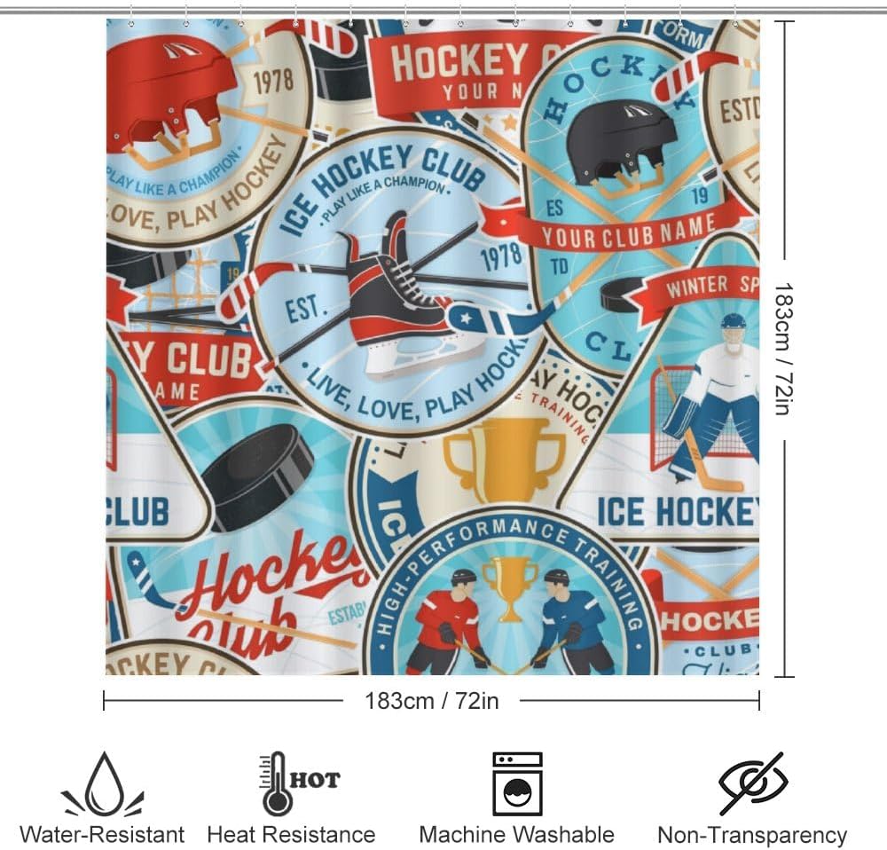 Kuizee 4 Piece Ice Hockey Shower Curtain Set with Non-Slip Rugs