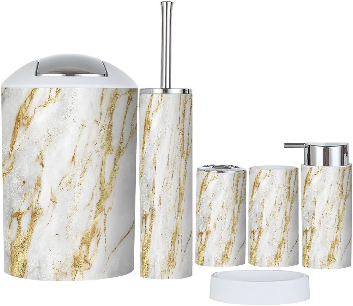Boho White Gold Marble Bathroom Accessory Set 6 Piece