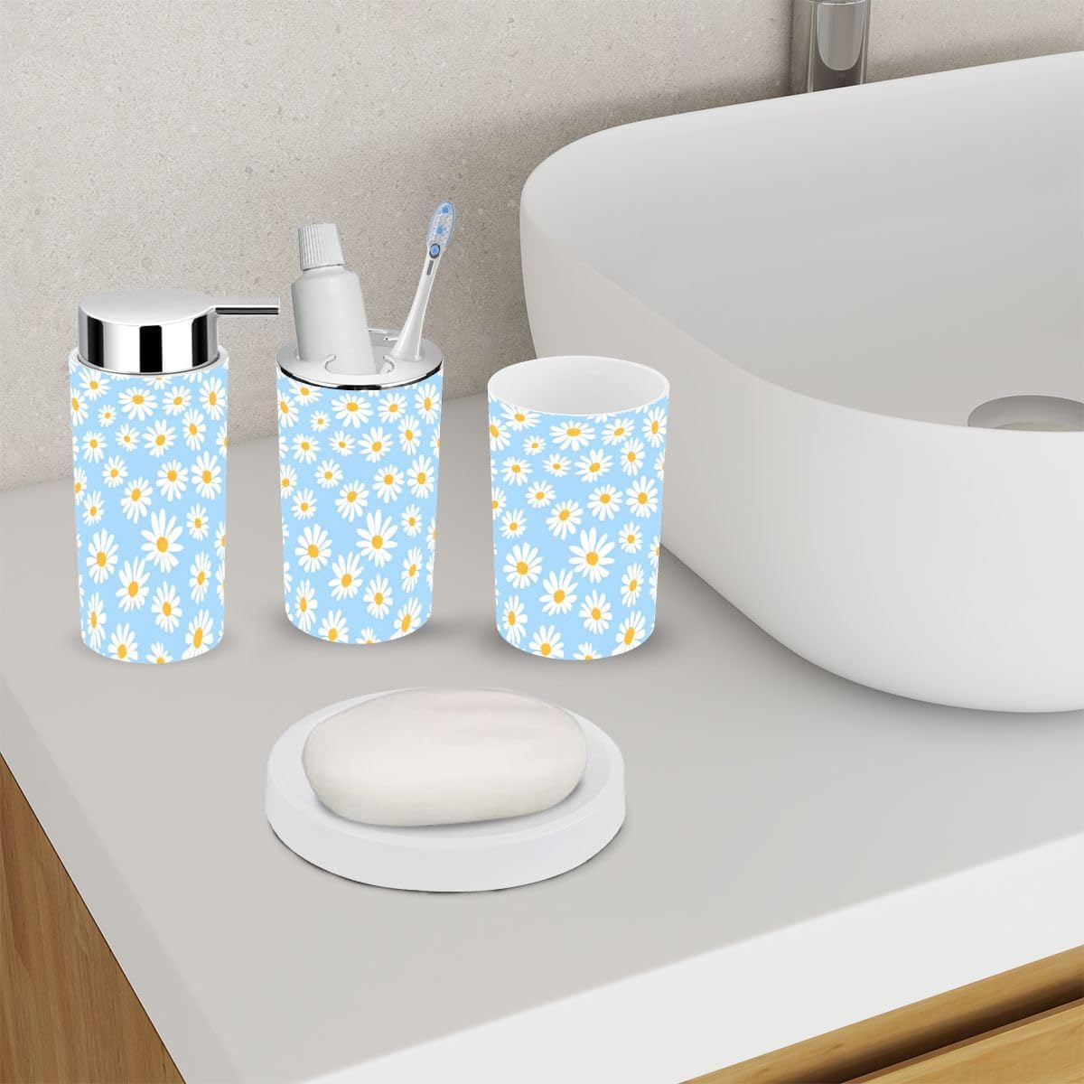 Daisy Flower Blue Bathroom Accessories 6 Piece Set