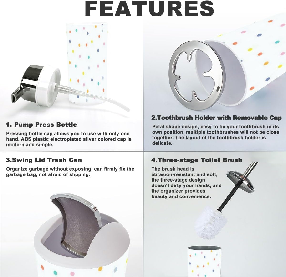 Rainbow Polka Dot Bathroom Accessory Set 6 Piece