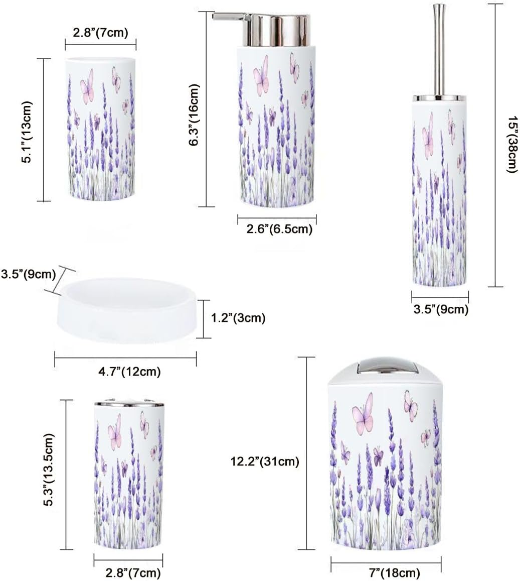 6-Piece Bathroom Accessory Set with Lavender Flowers and Butterflies Design
