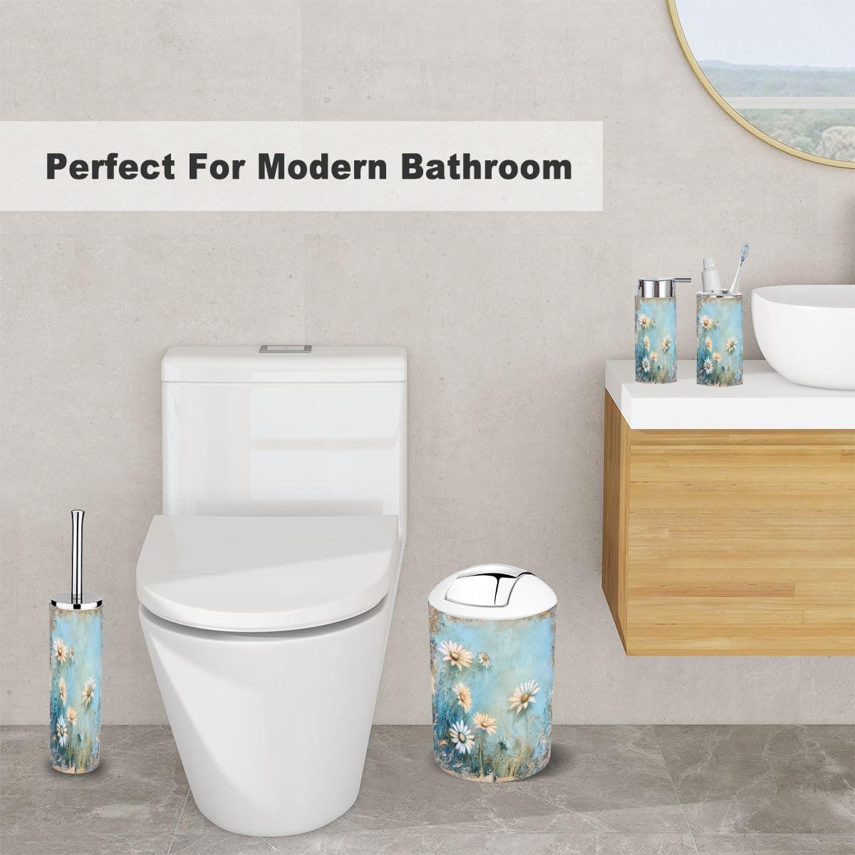 Ornate White Daisies Bathroom Accessory Set 6 Piece 1