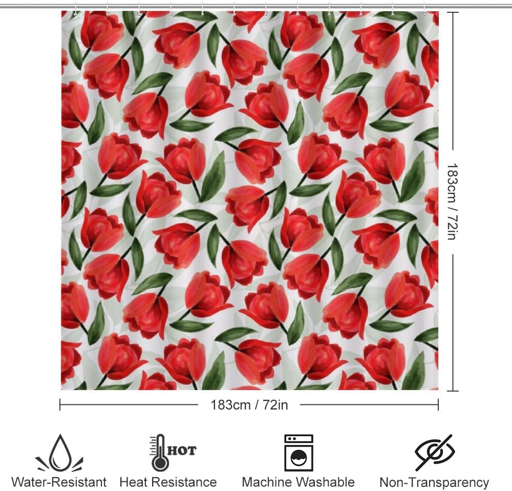 Kuizee 4-Piece Shower Curtain Set with Rugs Red Tulips Botanical Garden