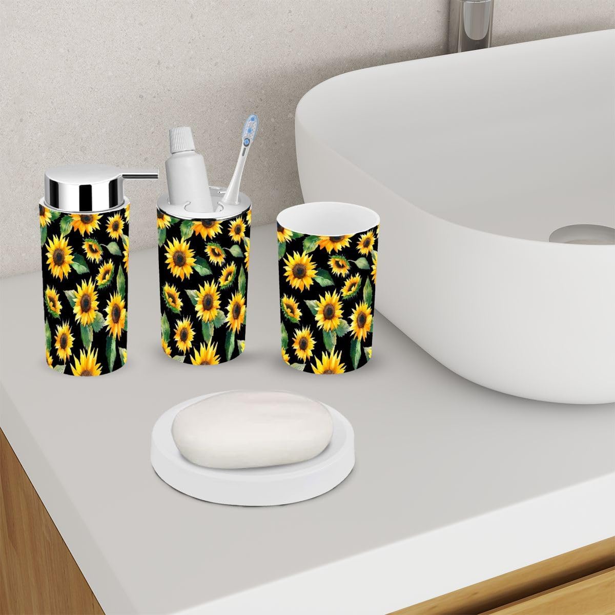 6 Piece Black Floral Bathroom Accessory Set