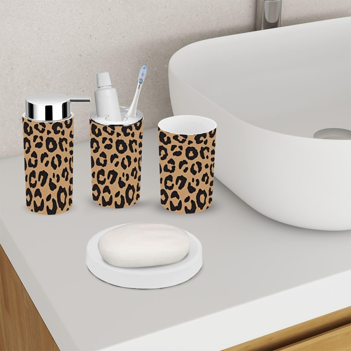 Modern Leopard Print Bathroom Accessory Set 6 Piece